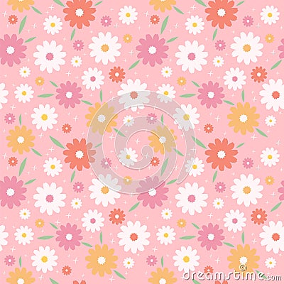 70â€™s cute seamless repeat daisy pattern with flowers. Floral hippie vector background. Vector Illustration